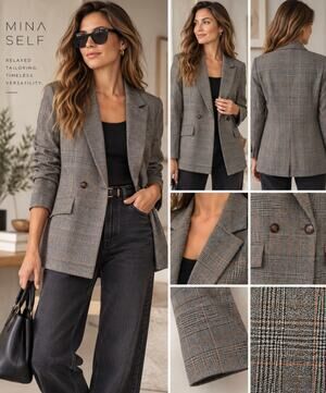 Mina Self Plaid Blazer M NWT Double Breasted Glen Check Officecore Preppy